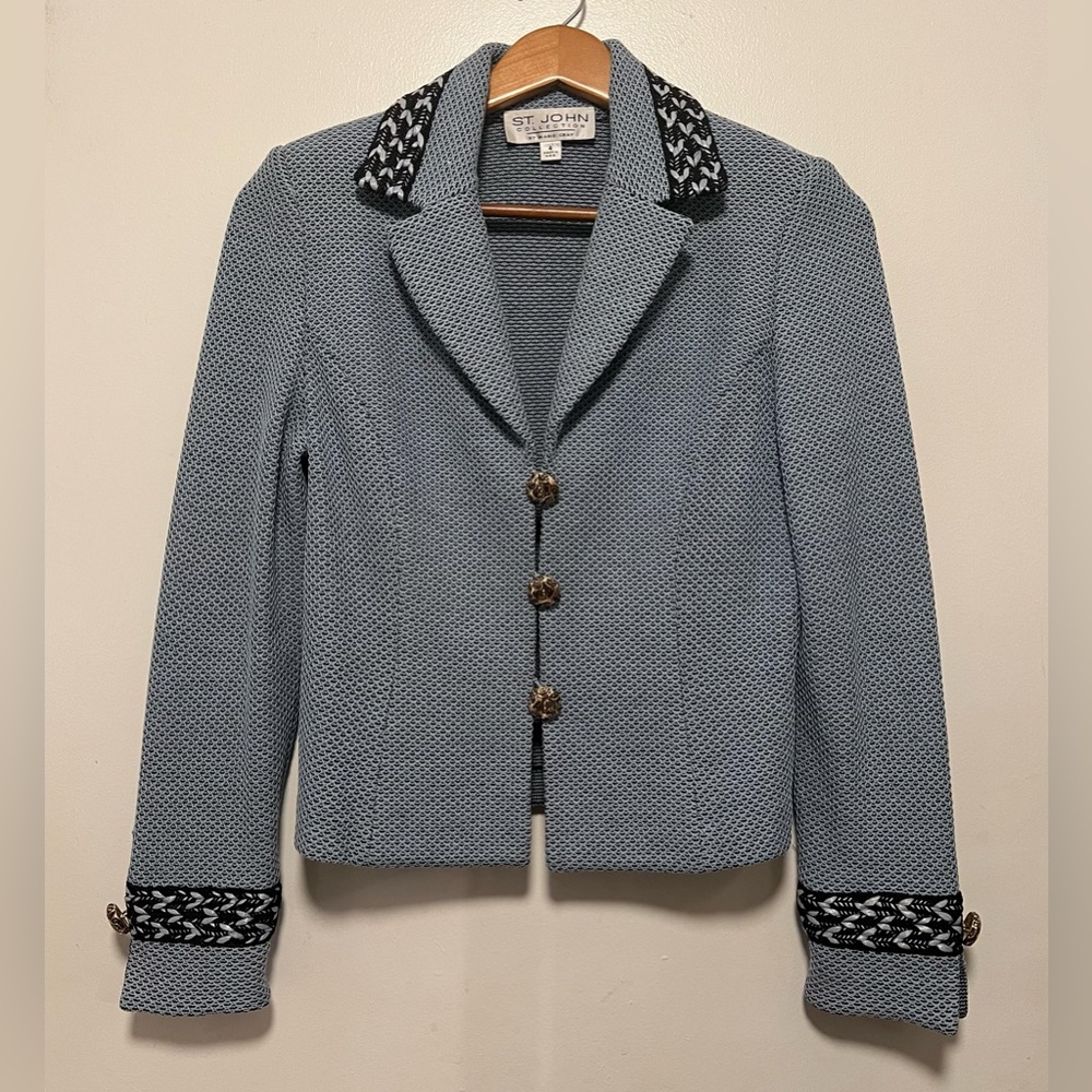 St. John Light Blue Knit Blazer with Black & White Trim